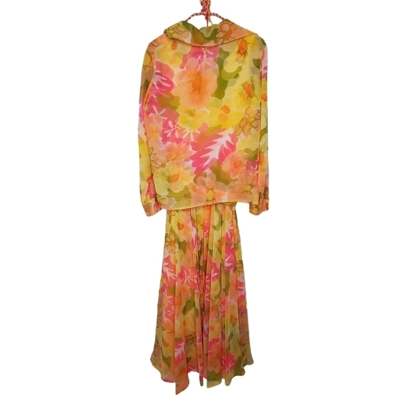 Vintage 1970s Jack Bryan Sleeveless Maxi Dress & Jacket Yellow Coral Green sz 12 - Picture 11 of 15